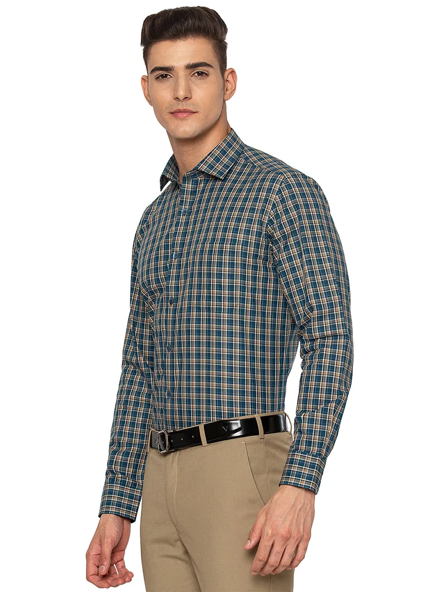 Teal Blue Checked Slim Fit Formal Shirt | JadeBlue