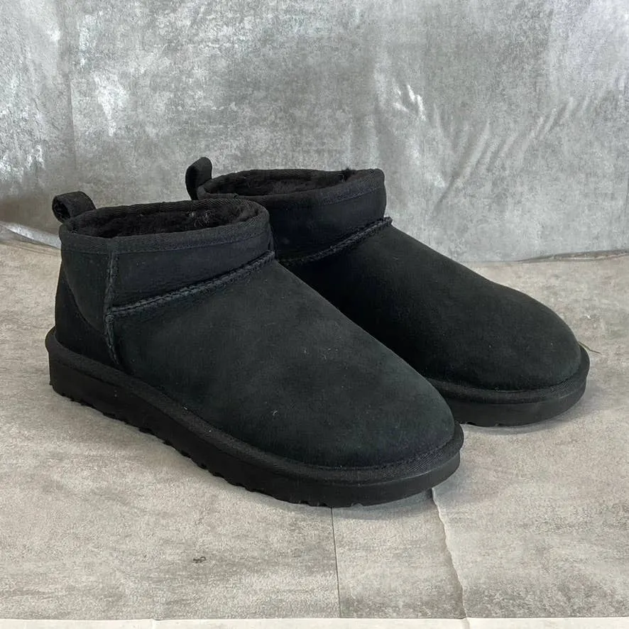 UGG Women's Black Suede/Fur Classic Ultra Mini Round-Toe Slip-On Booties SZ 7