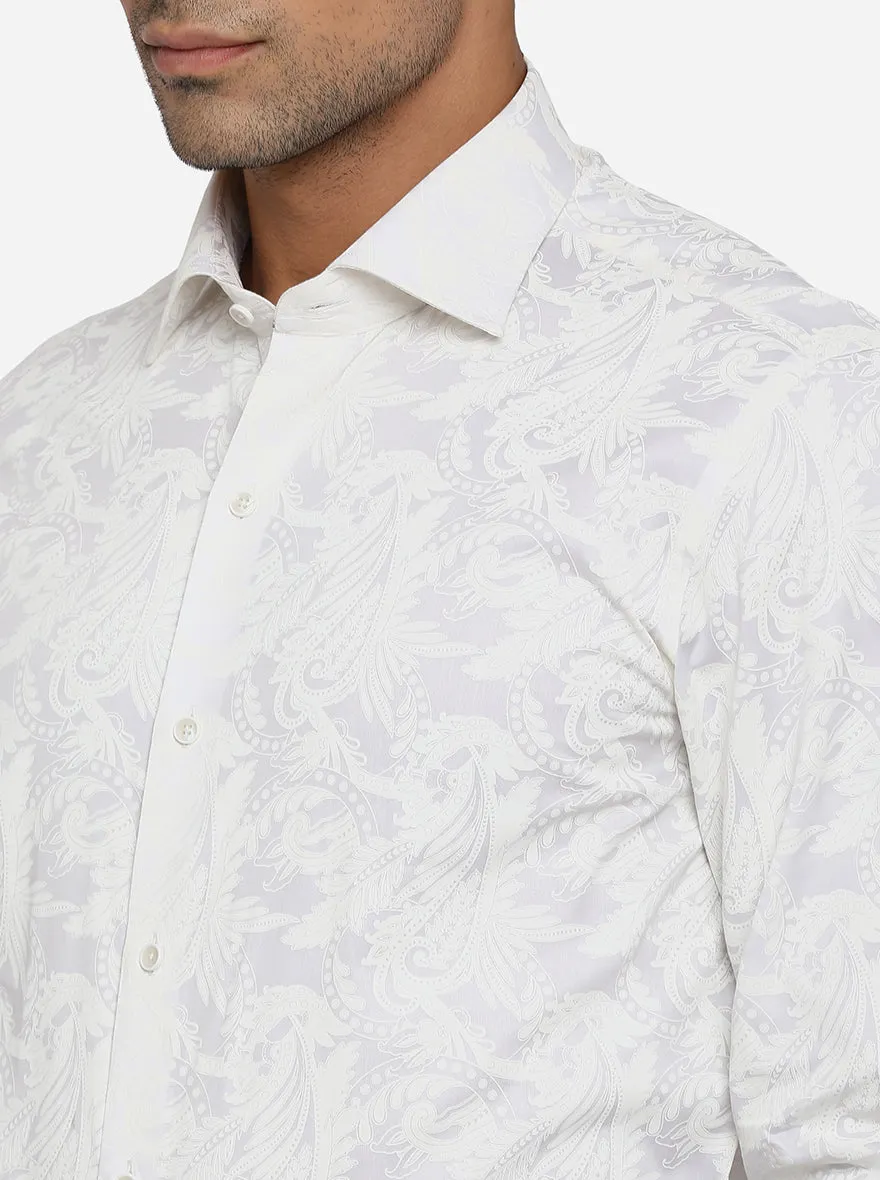 White & Cream Printed Slim Fit Party Wear Shirt | JB Studio