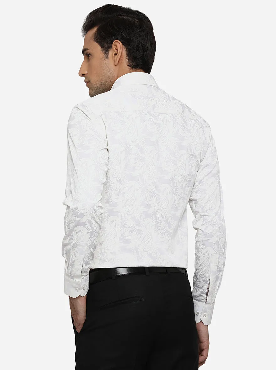 White & Cream Printed Slim Fit Party Wear Shirt | JB Studio