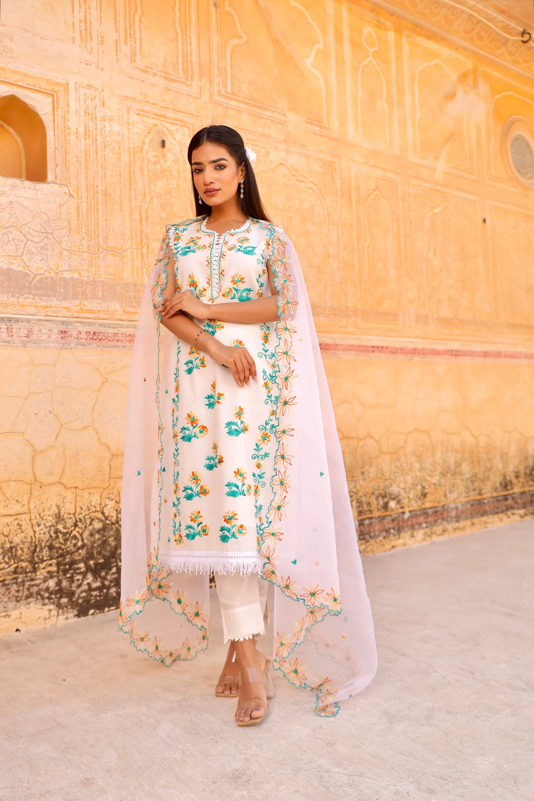 white  flower aari embroidery cotton straight set