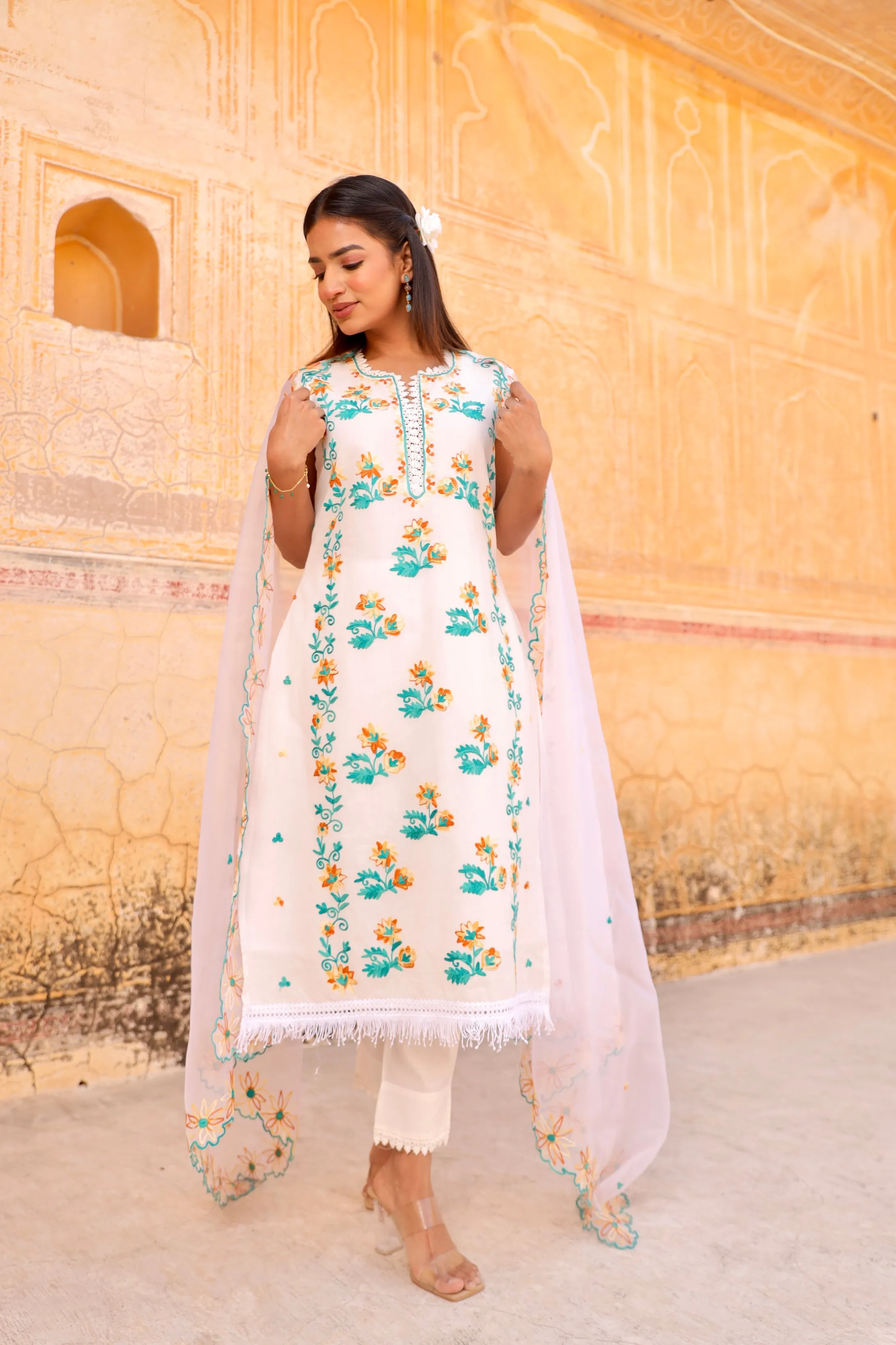 white  flower aari embroidery cotton straight set