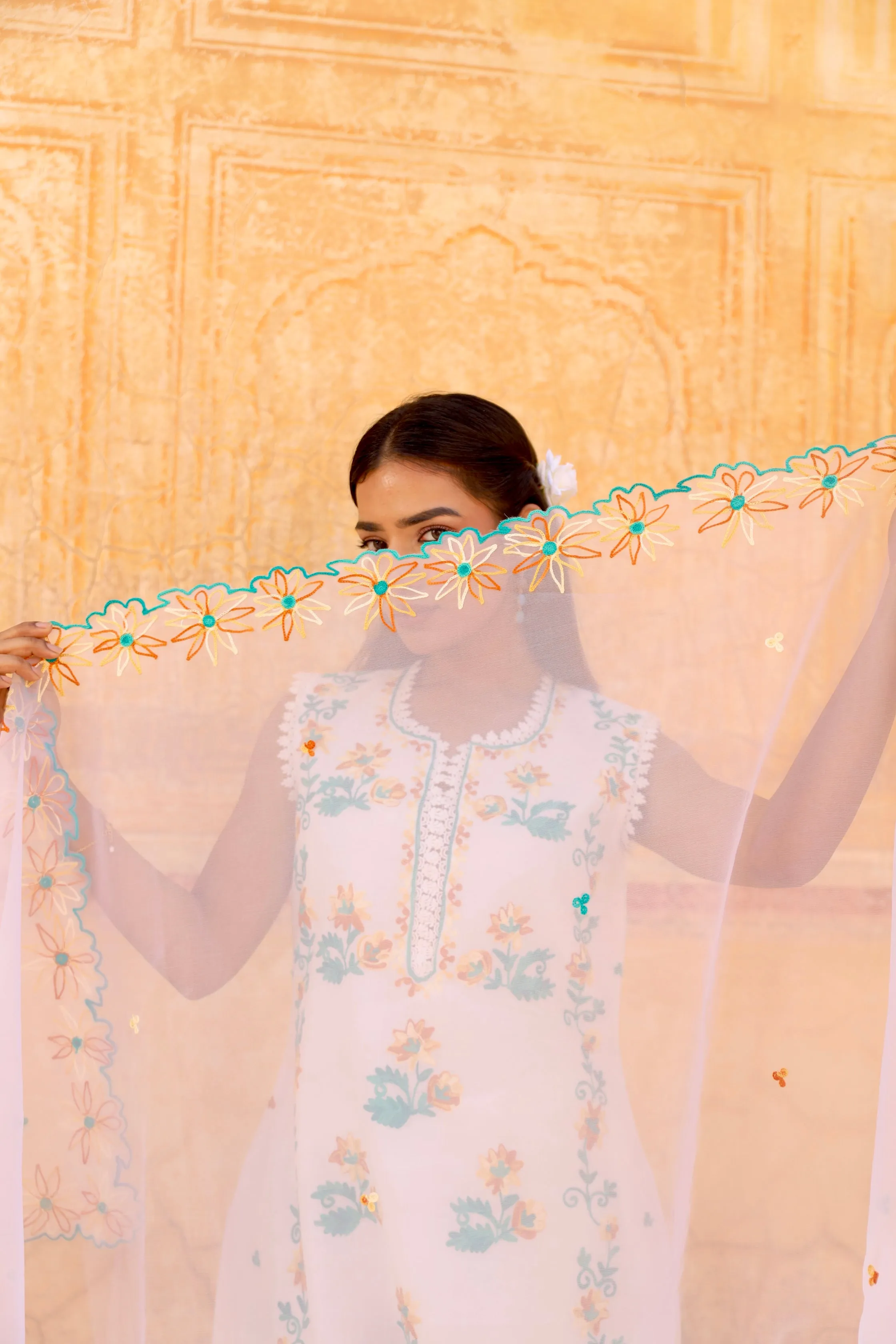 white  flower aari embroidery cotton straight set