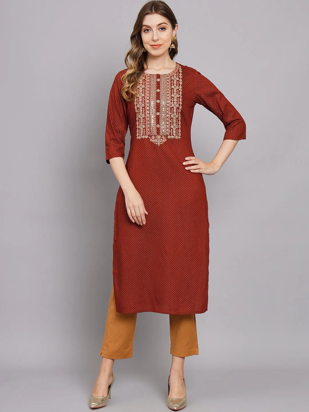 Women's Maroon Rayon Straight Kurta