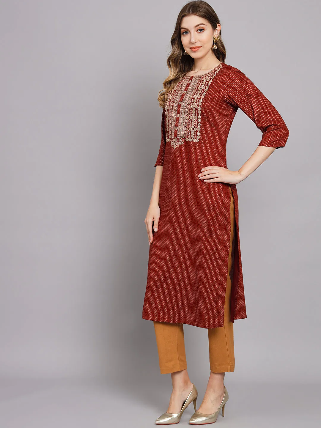 Women's Maroon Rayon Straight Kurta