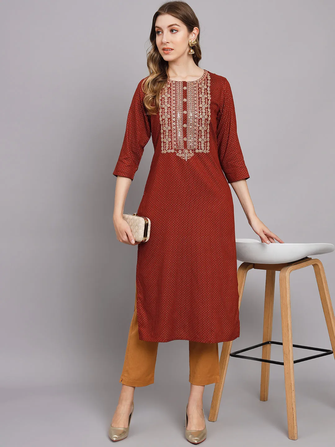 Women's Maroon Rayon Straight Kurta