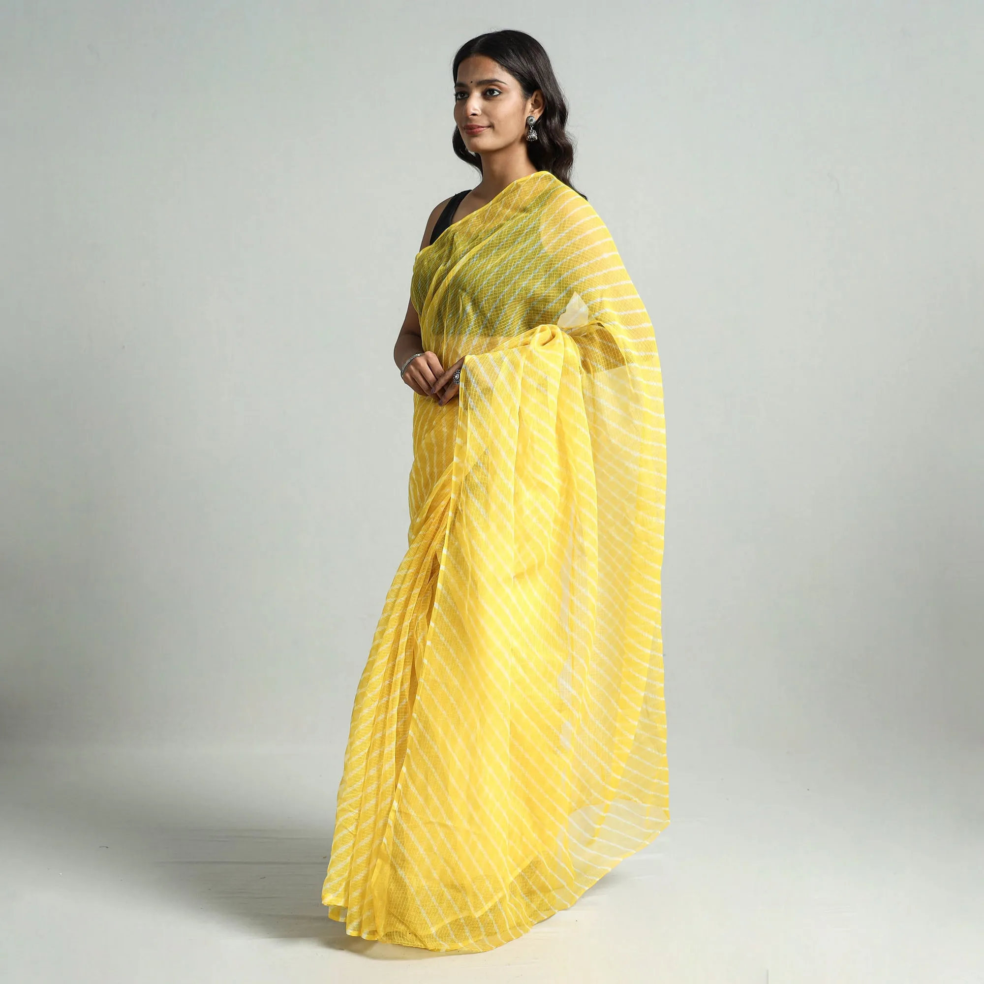 Yellow - Leheriya Tie-Dye Kota Doria Cotton Saree 06