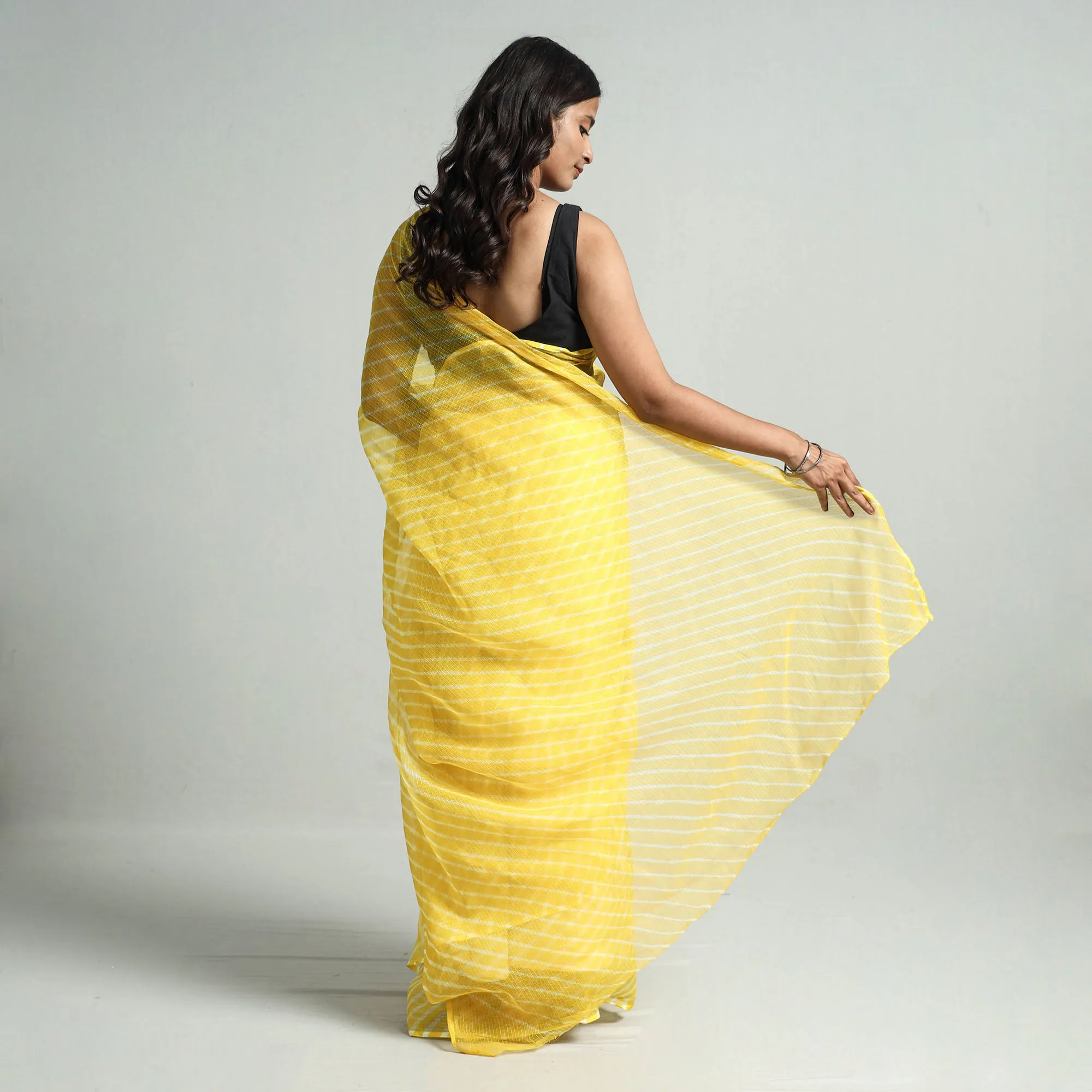 Yellow - Leheriya Tie-Dye Kota Doria Cotton Saree 06
