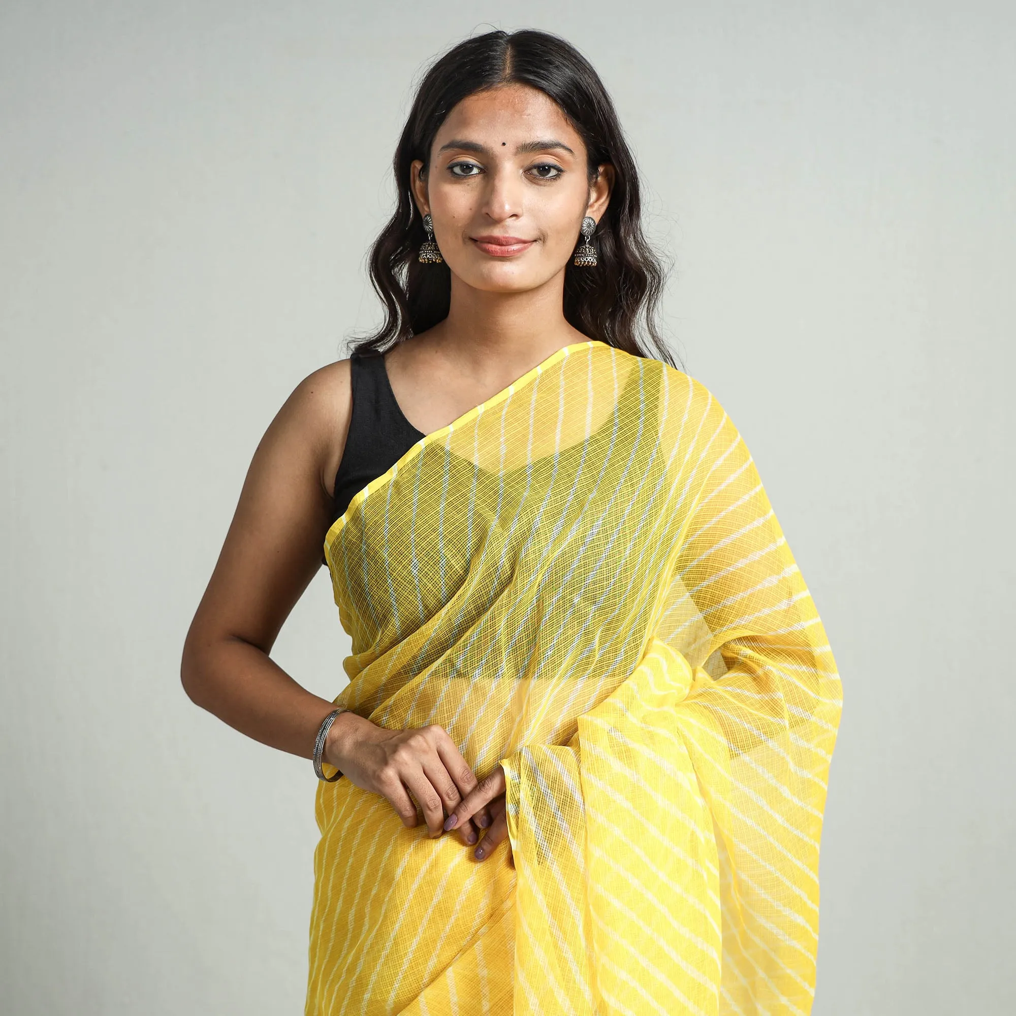 Yellow - Leheriya Tie-Dye Kota Doria Cotton Saree 06